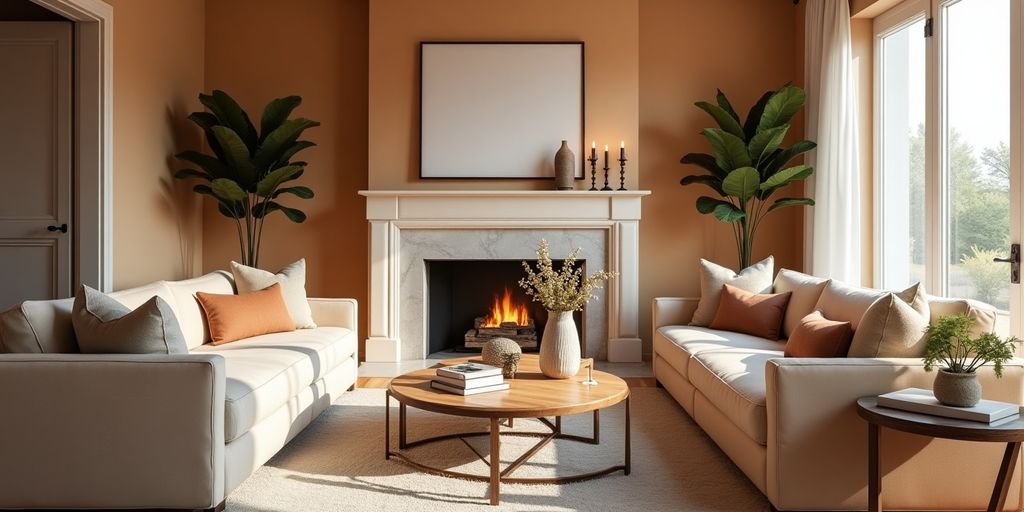 Cozy remodeled living room with warm colors and elegant decor.