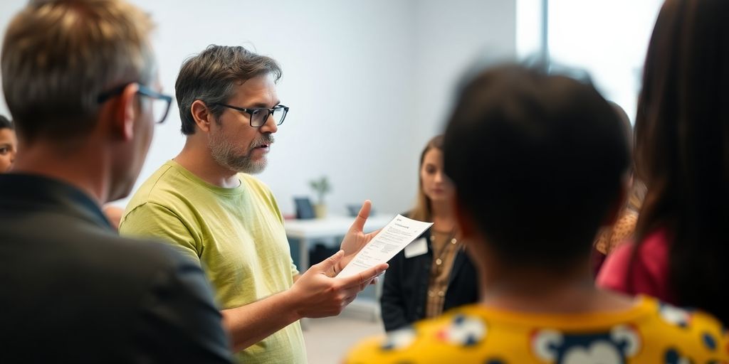 Pessoa explicando conceito complexo para um grupo de pessoas.