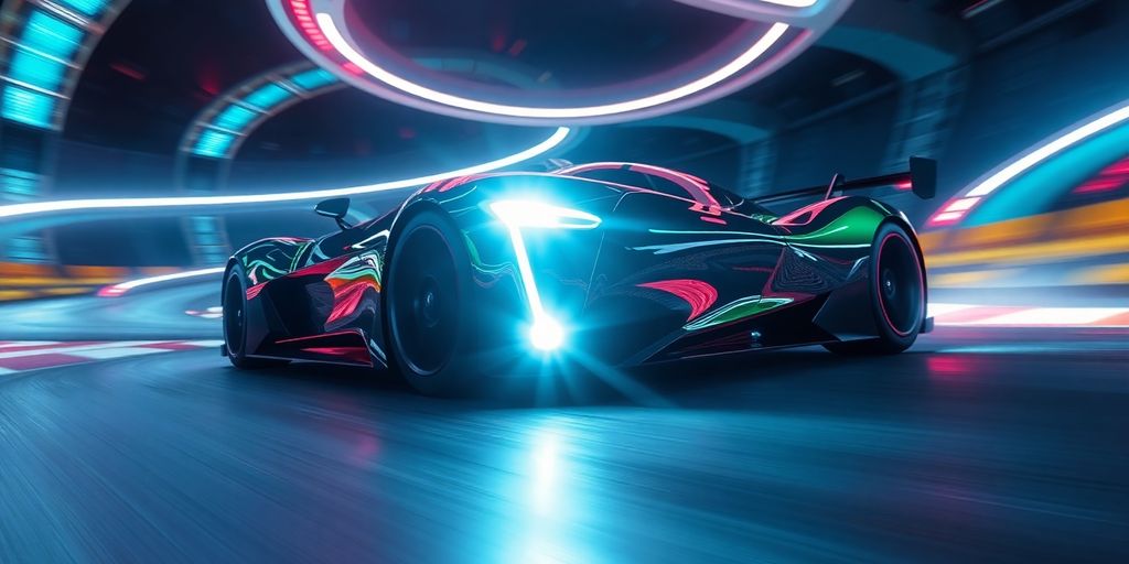 A sleek, futuristic car races on a vibrant track.
