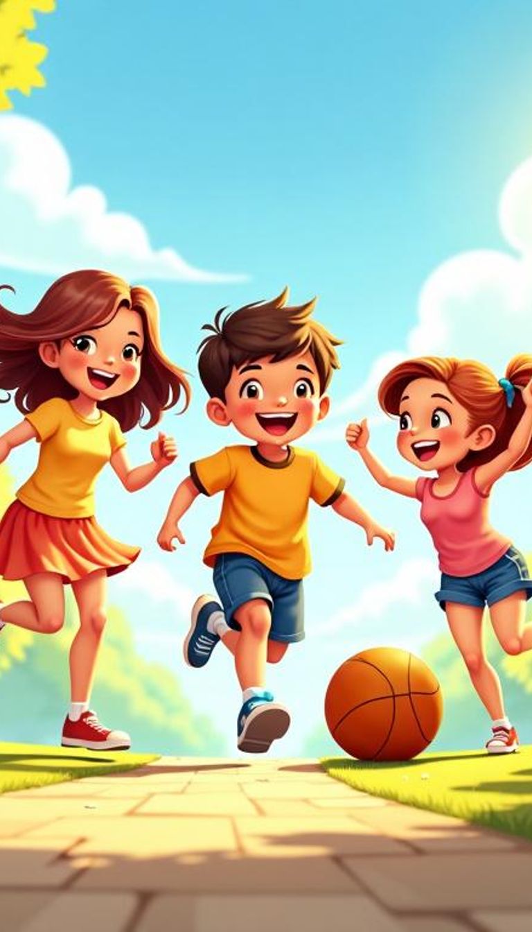 Children playing outside, running, jumping, and playing ball.