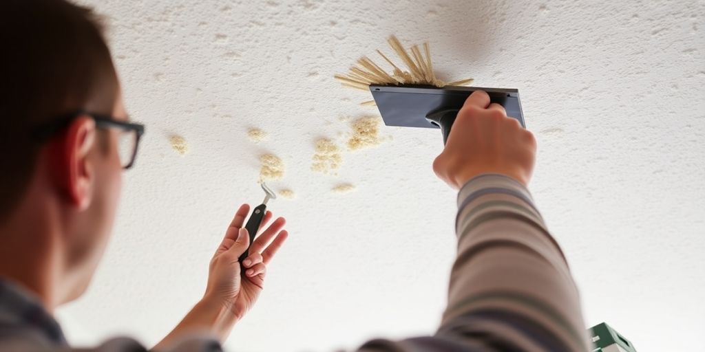 Person scraping popcorn ceiling texture in a room.