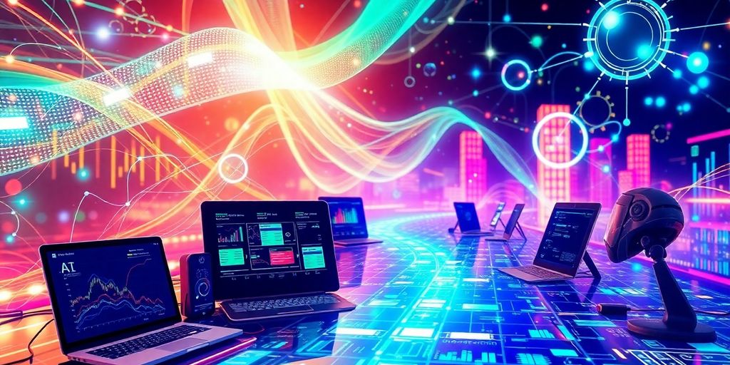 Futuristic digital marketing landscape with vibrant colors and devices.