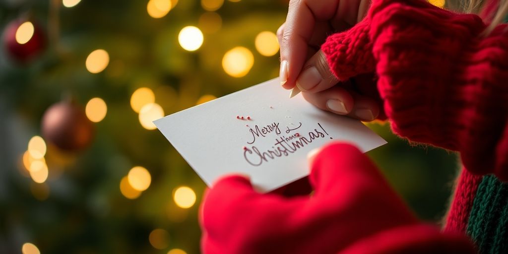 Festive hands crafting a personalized Christmas card.