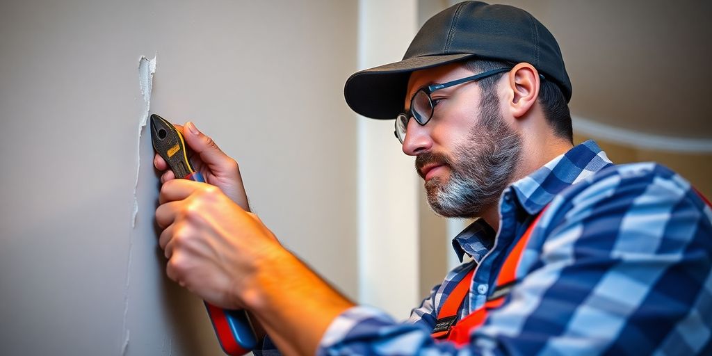 Handyman repairing a wall with tools in hand.