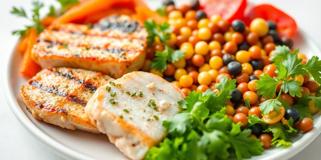 Plate of lean proteins and colorful vegetables for health.