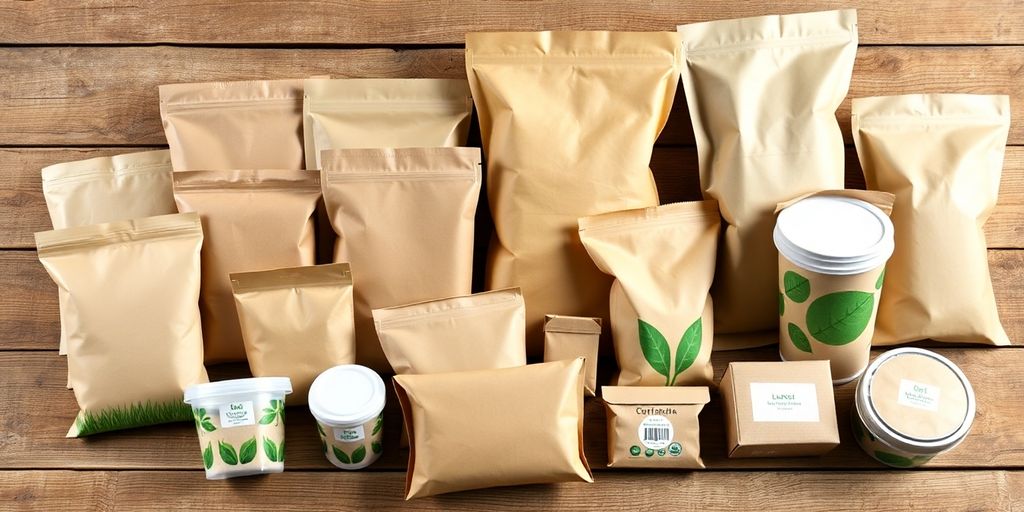 Biodegradable packaging items arranged naturally.