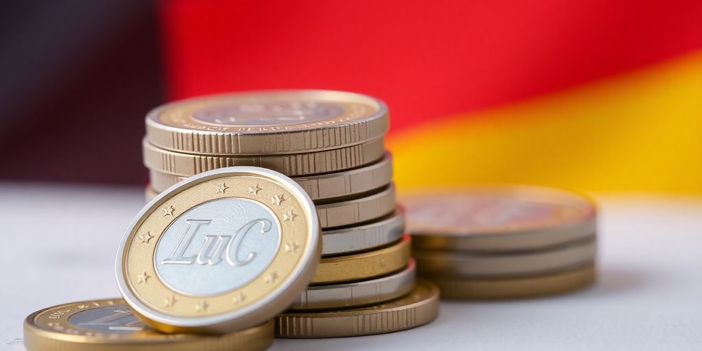 Pièces d'euro allemandes empilées près d'un drapeau allemand.