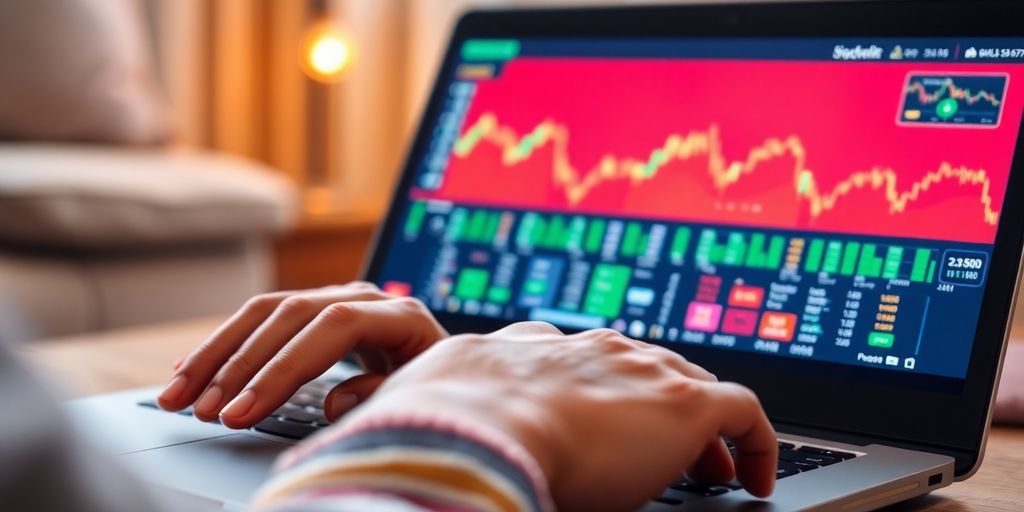 Person thoughtfully observing a digital stock market interface.