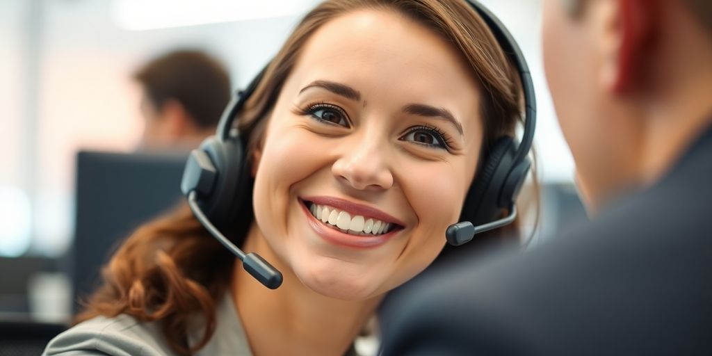 Smiling customer service representative in a bright office.