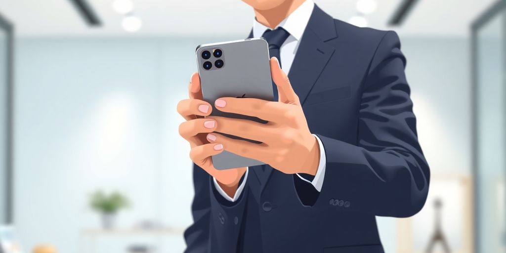 Person in a business suit holding an Apple product.