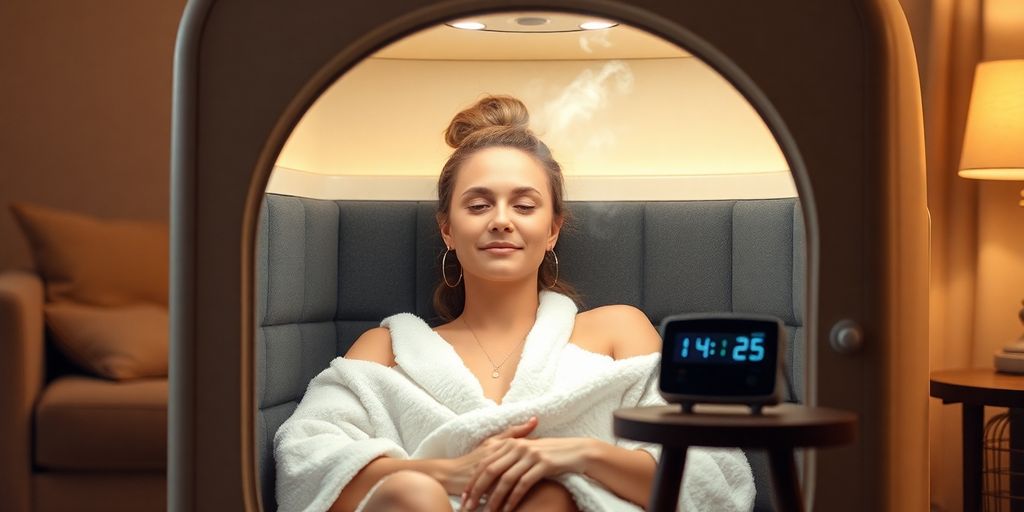 Person relaxing inside portable infrared sauna.