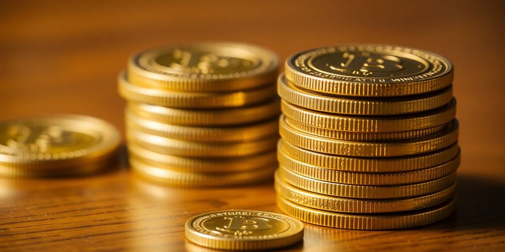 Pièces d'or brillantes empilées sur une table en bois.