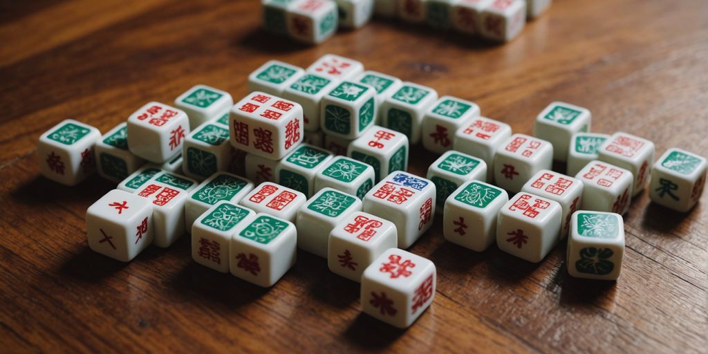 Various Mahjong tiles displayed on a wooden surface.