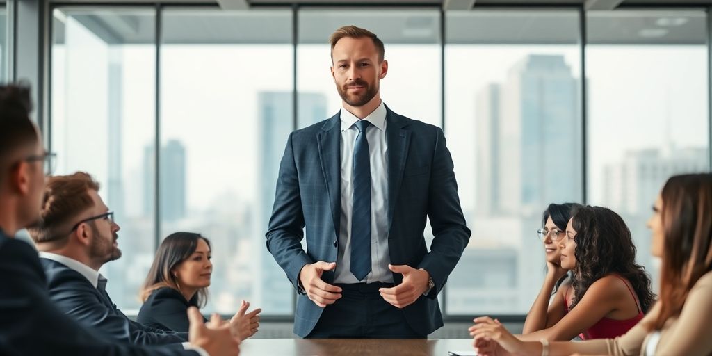 Man in suit talking to diverse colleagues.