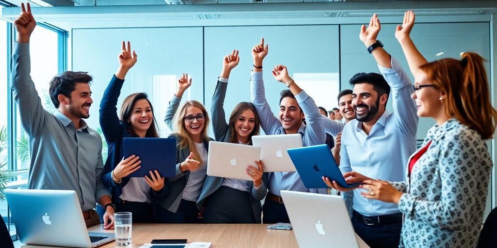 Equipes de negócios comemorando resultados de campanhas de marketing.