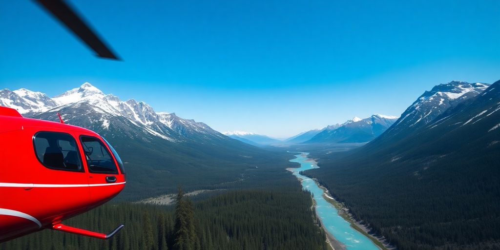 Red helicopter flying over snow-capped Alaskan mountains and a river.