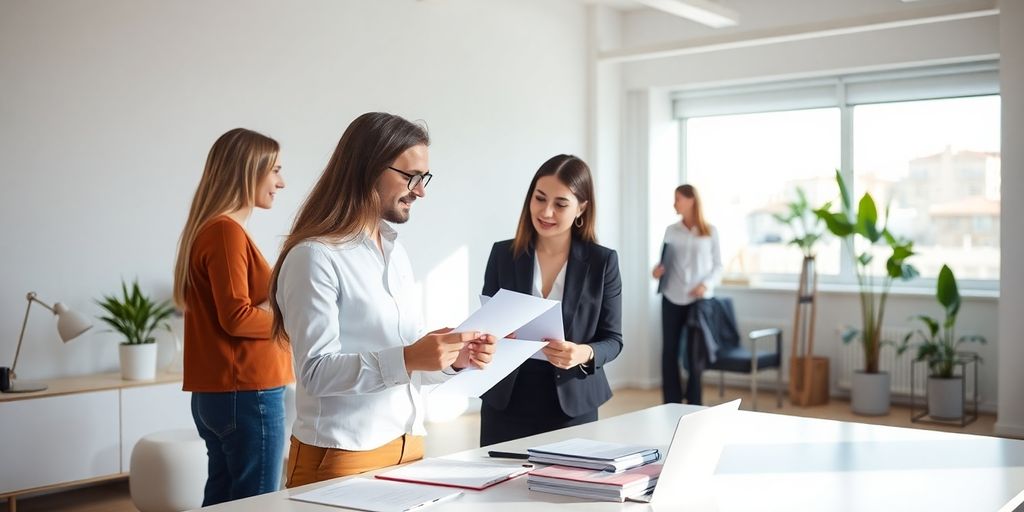 Real estate agent consulting clients in a modern office.