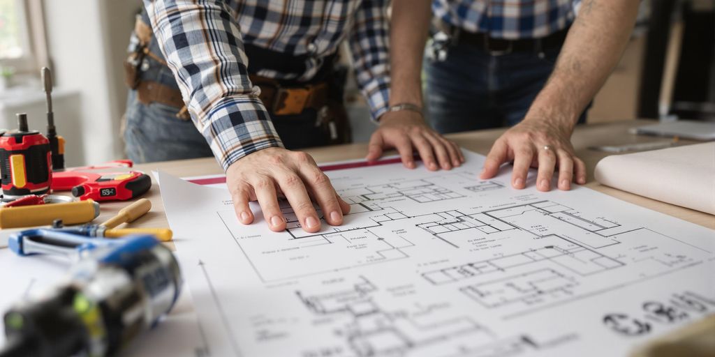 Contractor and homeowner discussing renovation plans with blueprints.