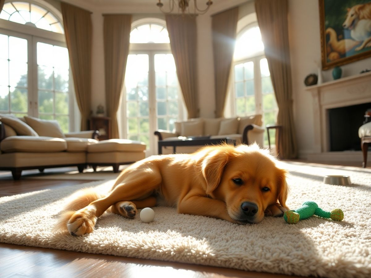 Perro feliz relajándose dentro de una villa de lujo.