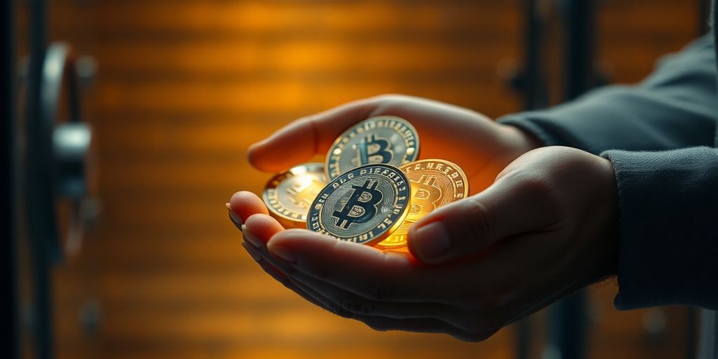 Mãos segurando moedas digitais brilhantes em ambiente seguro.