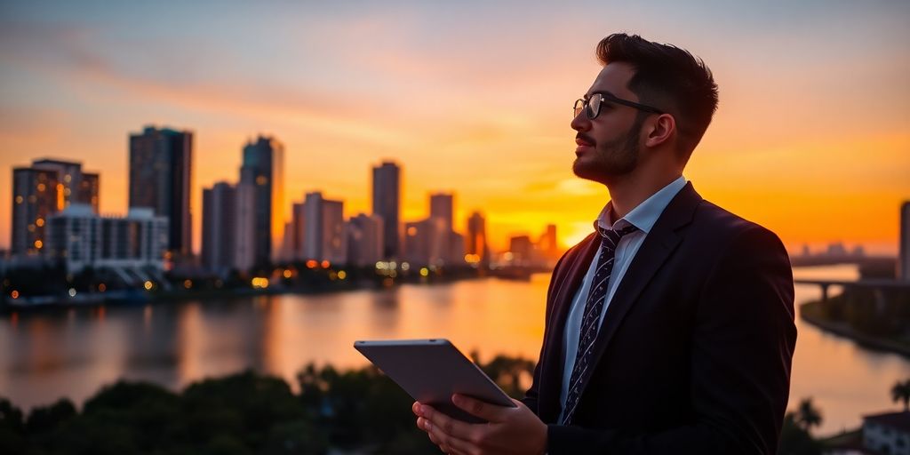 Tampa skyline at sunset with a job seeker