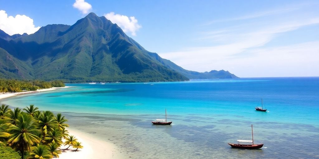 Lush green volcanic peaks meet turquoise waters in the Marquesas.