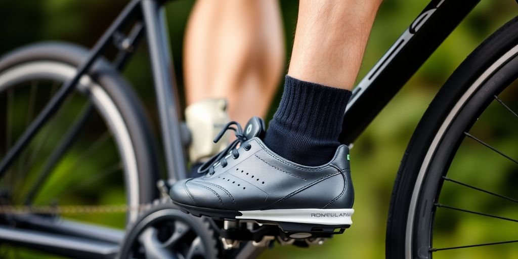 Cyclist's foot on pedal mid-stroke.