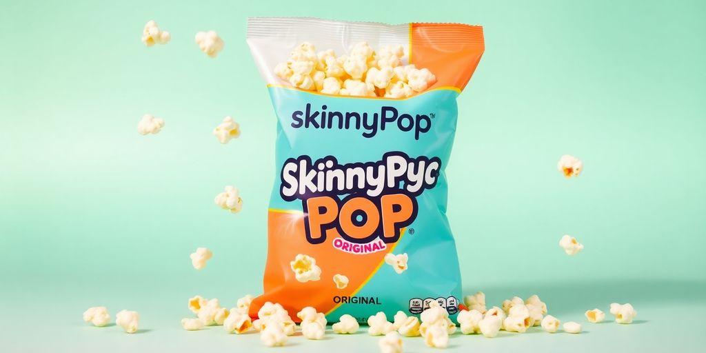 Bag of SkinnyPop Original popcorn with scattered kernels.