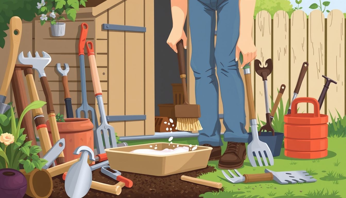 Person cleaning garden tools with brush