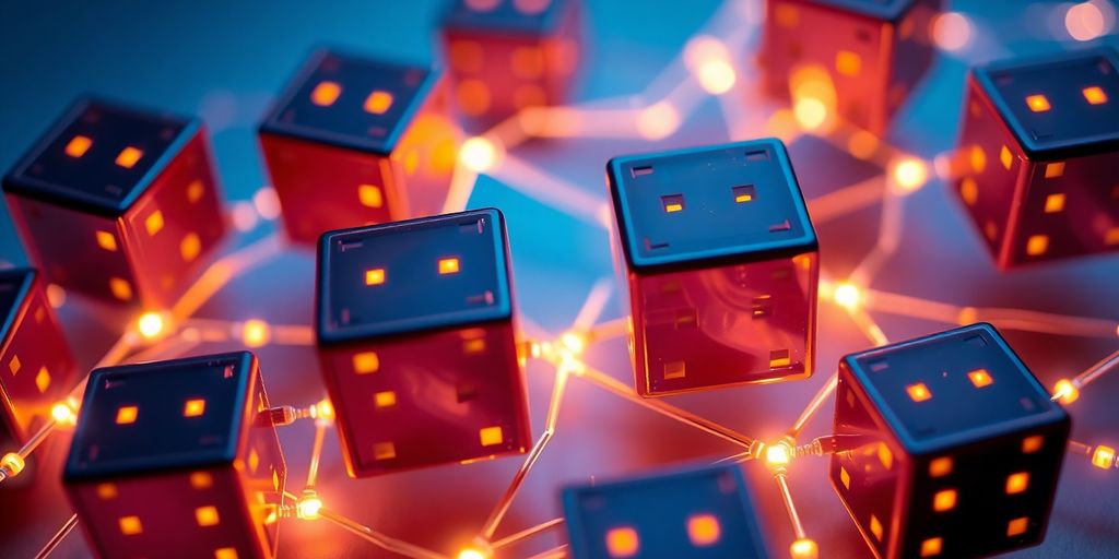 Digital blocks connecting, flowing data.