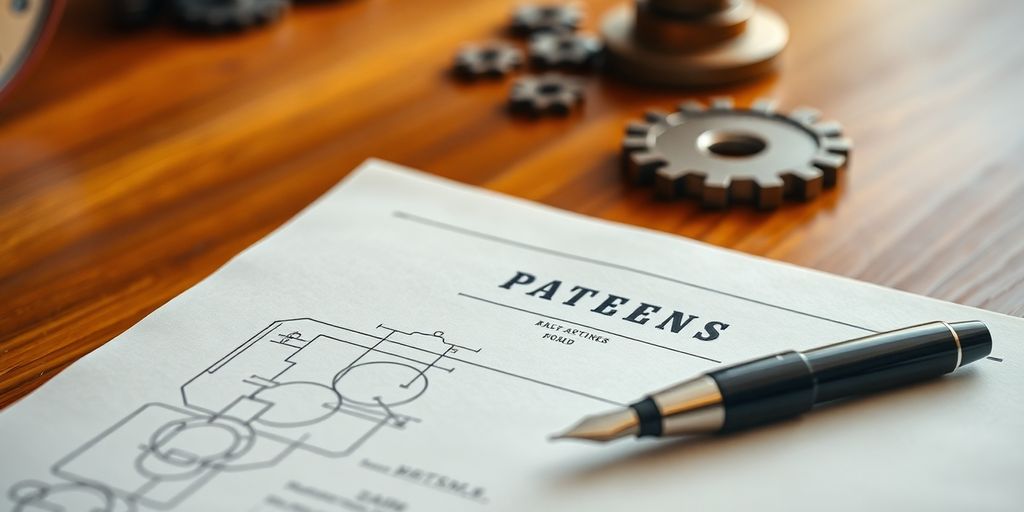 Open book, patent document, ink pen on wooden desk.