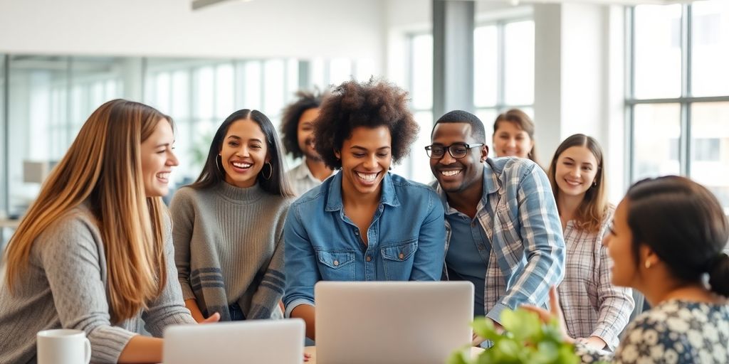 Engagierte Mitarbeiter arbeiten zusammen mit Freude.