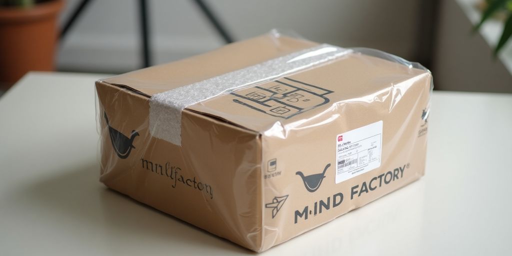 Verpackung von Mindfactory mit Schutzmaterial und Etikett.
