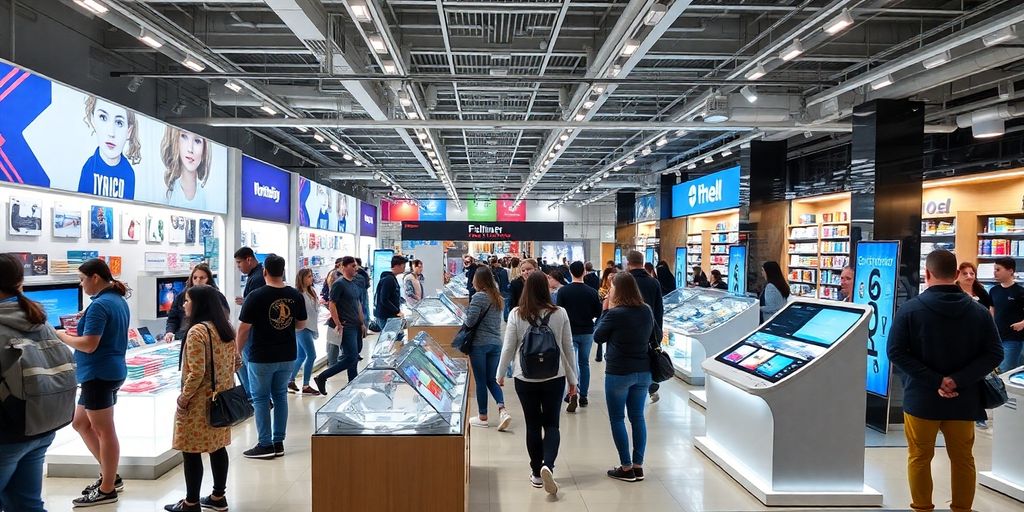 Modern retail space with shoppers and interactive displays.