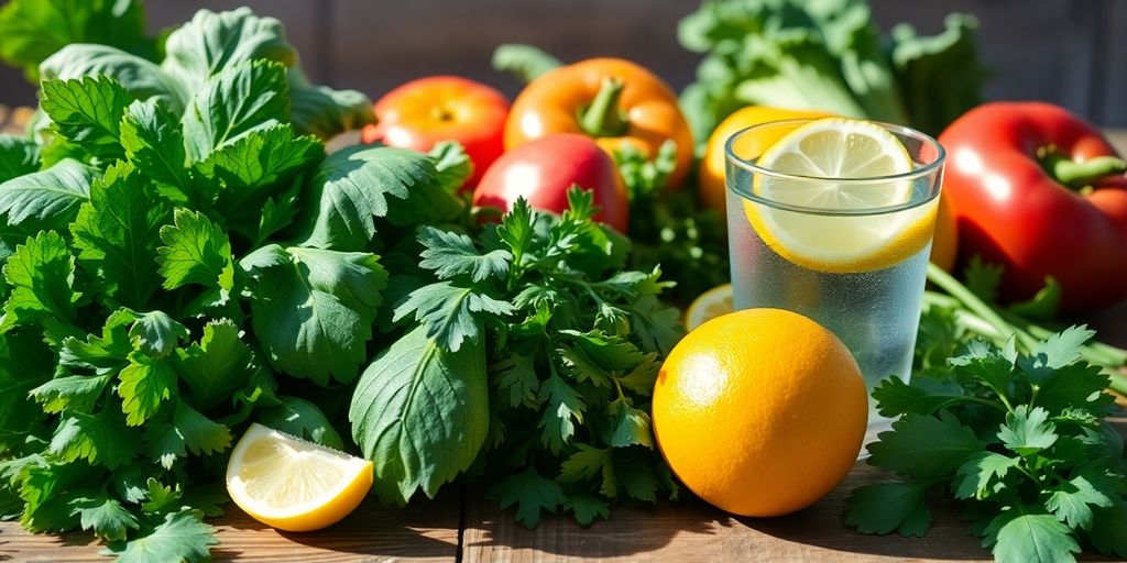 Green leaves, herbs, and healthy food.