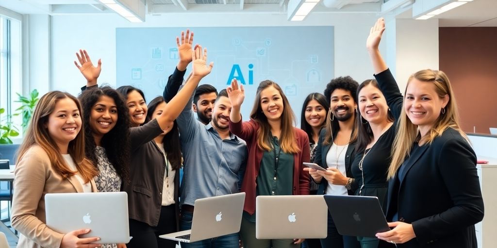 Group of professionals celebrating AI certification success.