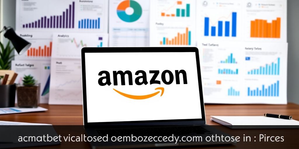 Laptop with Amazon logo and business analytics reports.