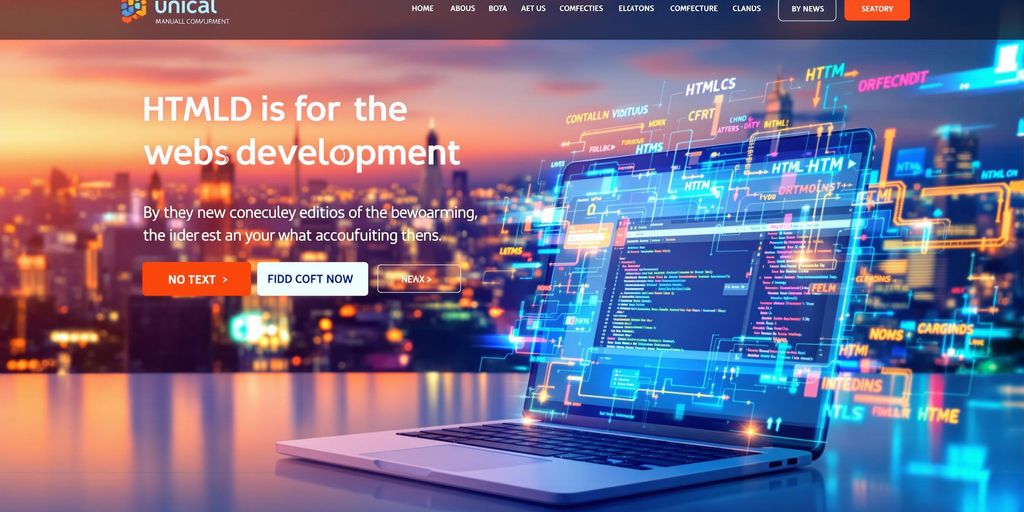 Colorful HTML tags with a laptop and city skyline.