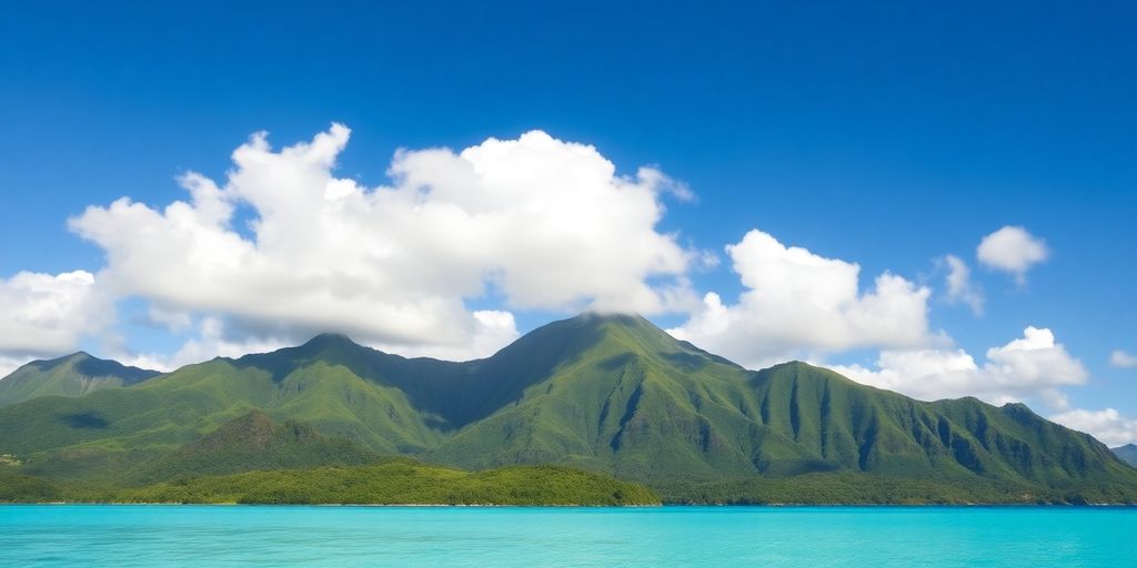 Lush green mountains rise from turquoise lagoon waters.