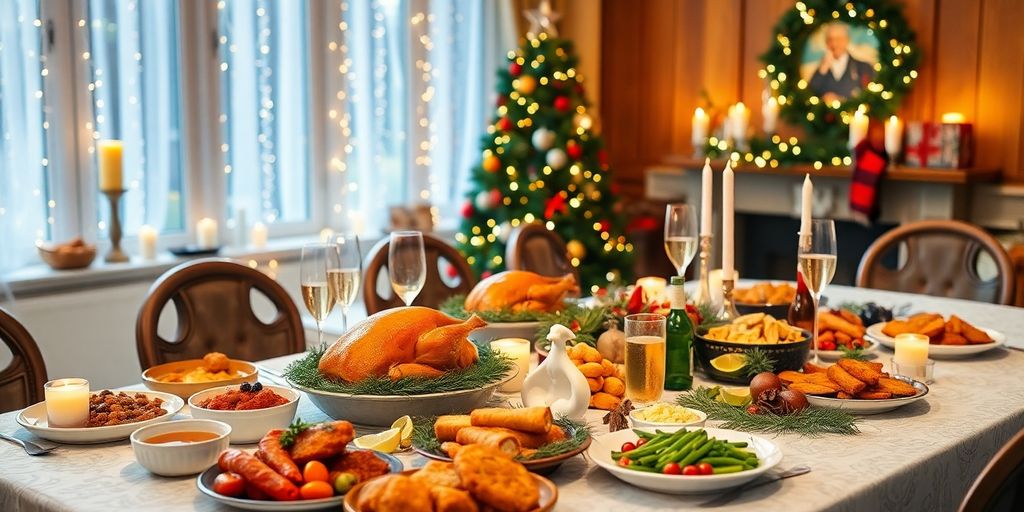 A festive dining table filled with Christmas food.