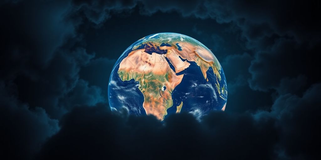 Dramatic globe surrounded by clouds illustrating global tensions.