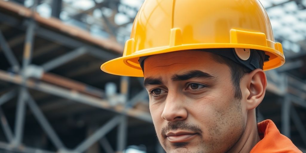 Worker wearing a yellow hard hat on a construction site.