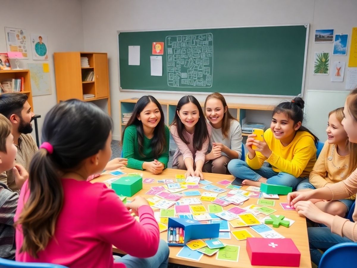Students playing ESL games in a lively classroom setting.
