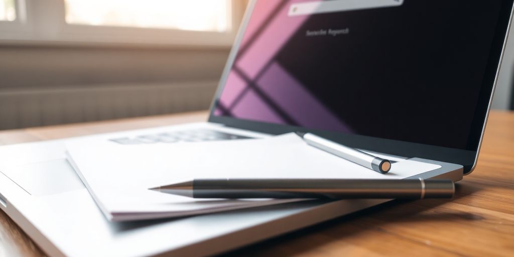 Laptop and notepad on a desk with natural light.