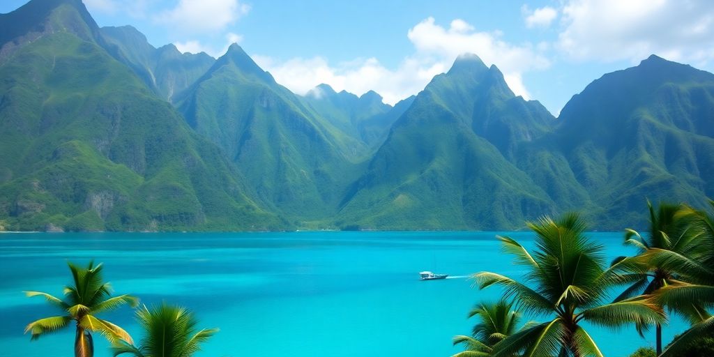 Lush green peaks meet vibrant blue ocean waters.