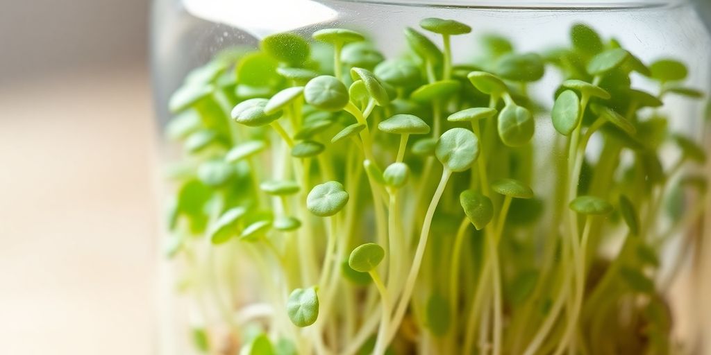 Fresh broccoli sprouts in a jar.