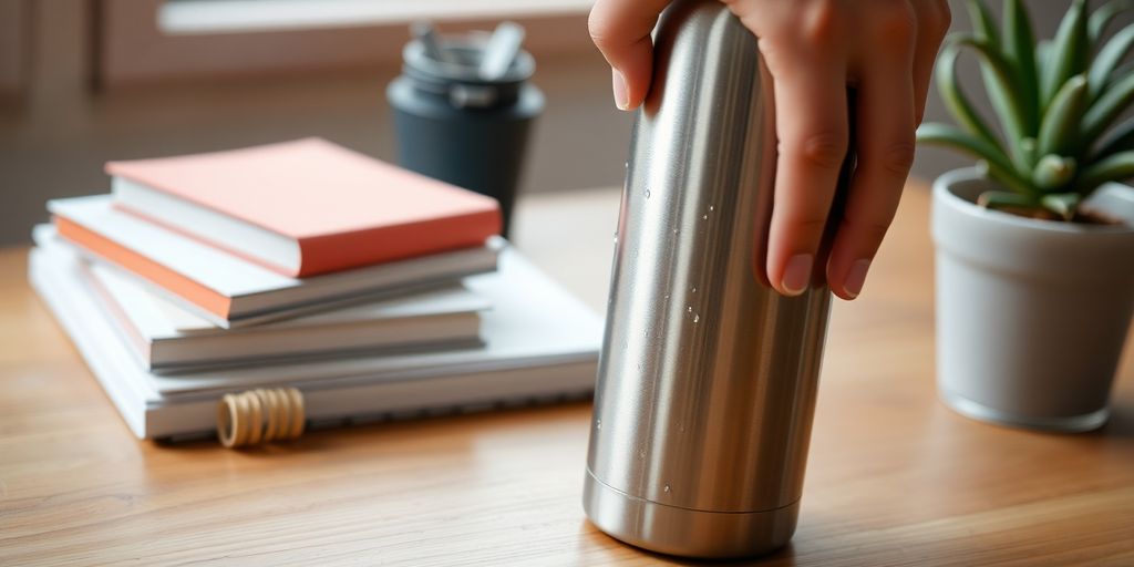 Student hand holding stainless steel water bottle on wooden desk