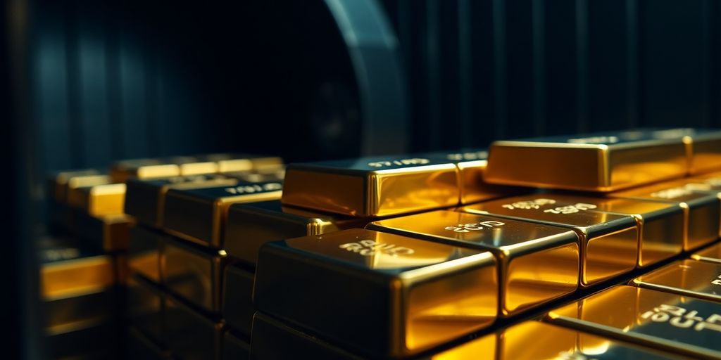 Barres d'or empilées dans un coffre-fort sécurisé.