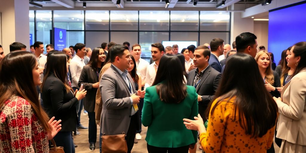 Emprendedores hispanos conectando en un evento.