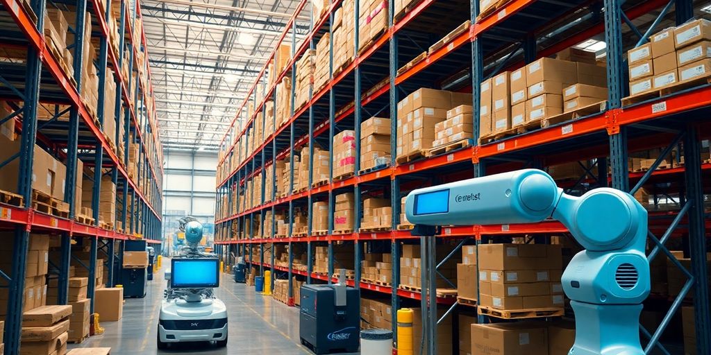 Robotic systems organizing goods in a modern warehouse.